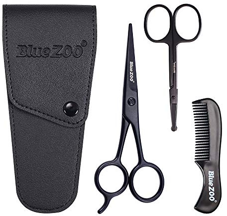 BlueZOO Beard Mustache Nose Hair Scissors and Comb Kit with PU Storage Bag