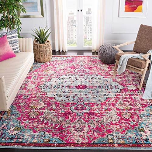 SAFAVIEH Boho Teppich für Wohnzimmer, Esszimmer, Schlafzimmer - Madison Collection, Kurzer Flor, Fuchsia und Blaugrün, 91 X 152 cm