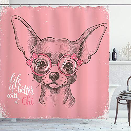 ABAKUHAUS Hund Duschvorhang, Mädchen Chihuahua Sketch Wörter, Stoffliches Gewebe Badezimmerdekorationsset mit Haken, 175 x 180 cm, Armeegrün Hellrosa
