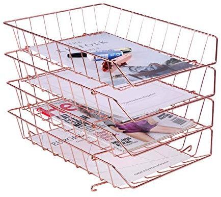 Z PLINRISE Stackable Letter Tray, 4-Tier Desk File Organizer for Mails, Magazines, Documents and Accessories, Wire Paper Tray for Home, School and Office, Rose Gold