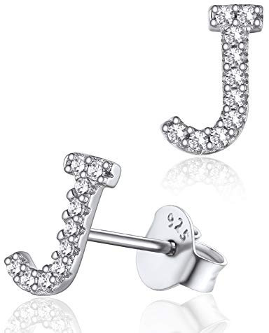 Silvora Initiale Alphabet J Klein Buchstaben Ohrstecker 925 Silber Damen Zirkonia Letter Ohrringe Name Initiale Ohrringe für Damen/Frauen/Mädchen