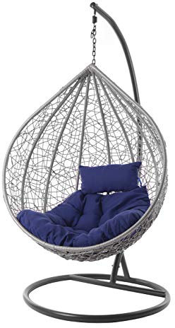 Kideo® Komplettset: großer Hängesessel mit Gestell & Kissen, Lounge Möbel, Poly-Rattan, XXL, grau (Kissen: dunkelblau Chesterstepp (5900 Navy))