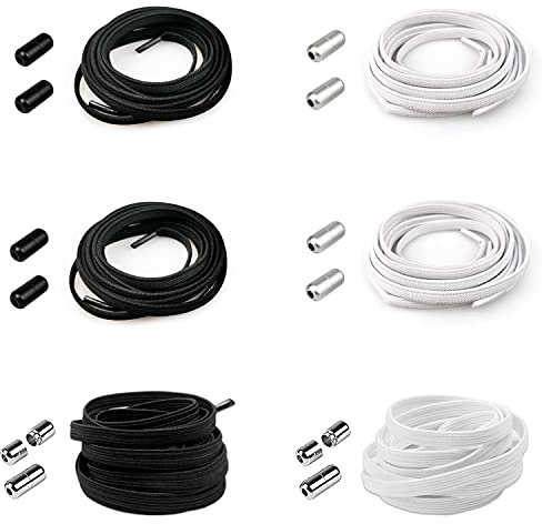 beifon 6 Paar Schleifenlose Schuhbänder Schnürsenkel mit Schnellverschluss elastische Flach Schnürsenkel mit Metallverschluss No Tie Shoelaces Gummi Schuhband Metallkapsel Kinder Unisex(Schwarz+Weiß)