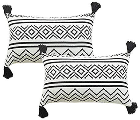 DUDNJC 2 Stück Marokko Boho Schwarz & Weiß Lendenwirbelkissenbezüge 50,8 x 30,5 cm Baumwolle gewebtes Jacquard-Muster Kissenbezüge mit Quasten modern Akzent quadratischer Kissenbezug für Couch Sofa