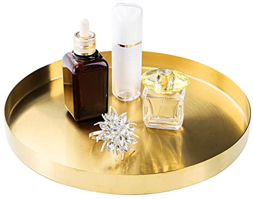 Jucoan 30 CM Round Gold Serving Tray, Modern Brass Decorative Dresser Tray for Jewelry, Perfume, Makup, Stainless Steel Storage Organizer Tray for Bathroom, Kitchen, Vanity