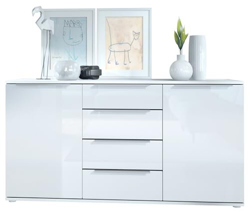 Sideboard Linio V1, Anrichte mit 2 Türen und 4 Schubladen, Weiß matt/Weiß Hochglanz (138,5 x 75,5 x 35 cm)