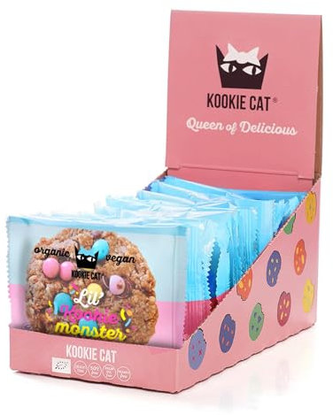 Kookie Cat Lil’ Kookie Monster - Individually Wrapped Vegan Cookies, Gluten Free, Soy Free, Bio and Organic, Cashew & Oats - 12 x 50g Multipack
