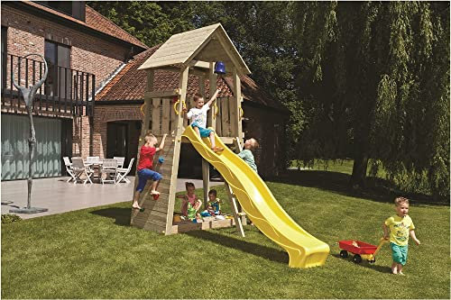 Gartenwelt Riegelsberger Spielturm Belvedere aus naturbelassenem Lärchenholz Maße B135 x T105 x H329 cm Klettergerüst mit Wellenrutsche VIOLETT Sandkasten Leiter und Griffe