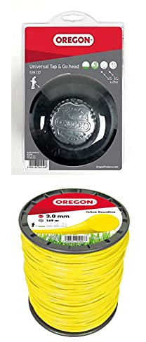 Oregon Cabezal de Corte Universal e Hilo de Corte Redondo 3mm x 169 m, Cabezal Pro Tap and Go Bump Fit, se Adapta a la mayoría de desbrozadoras de Eje Recto de más de 25 CC