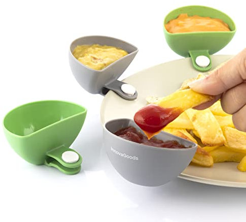 InnovaGoods® Platos pequeños Cliperitive, cuencos aperitivos con clips para dipear, cuencos con enganche para aperitivos, Cuencos para salsas, cáscaras, huesos, 4 salseras mini, Multicolor
