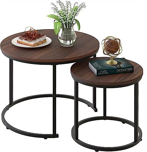 BAKAJI Set 2 Tavolini da salotto ad Incastro, Forma Rotonda con Struttura in Metallo Nero e Piano in legno Noce, Tavoli da Caffè Salvaspazio Design Industrial, Soggiorno, Casa, Ufficio (Design 2)