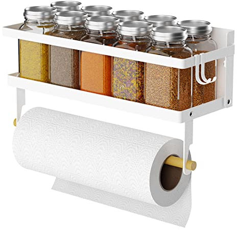ARVINKEY Scaffale magnetico per spezie con supporto per asciugamani di carta, rotolo e gancio, organizer da cucina, colore: bianco