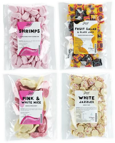 Just Treats Sweet Quartet - Fruit Salad & Black Jack Chews, Pink and White Mice, Candy Foam Shrimps, White Choc Snowies (4 x 175g Bags) - 11,13,23,30