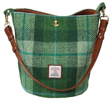 TAILORMAP Harris Tweed Beuteltasche, Schultertasche, Handtasche für Damen, mit Mikrofaser-Lederriemen, 24,9 x 21,8 x 17,8 cm, Grün kariert