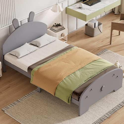 HUMZGHG Kinderbett 90 x 200 cm, Massivholzbett Einzelbett, Flachbett, Bett in Hasenform für Kinder Jungen Mädchen, Grau