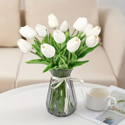 Beferr 16 Pcs Tulips Artificial Flowers Real Touch Flowers Fake Tulips Gifts Forever Tulip Flowers for Home Garden Wedding Party Indoor Outdoor Tulip Bouquet Decoration White