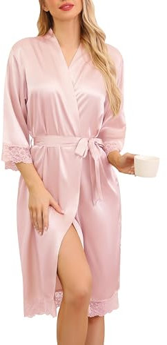 Sopesil Peignoir Satin Femme Robes du Matin Longues pour Femmes Bordure en Dentelle Robes de Mariée Vêtements de Nuit Doux Rose,S
