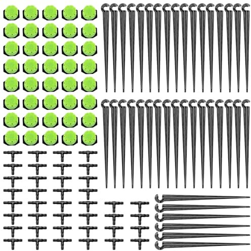 VooGenzek 120 Piezas 4/7mm Kit de Riego por Goteo Automátic, 40 Goteros de Riego Ajustables de 8 Agujeros + 40 Tee Conectores + 40 Estaca Microtubo Piqueta, para Manguera de 4/7mm, Verde