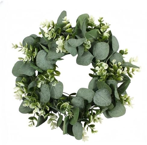 Artificial Eucalyptus Wreath, 13.7 inch Front Door Wreath Green Wreath with White Berries Green Leaf Hanging Wreath for Wedding Party Garden Door Window Wall Fireplace Decoration
