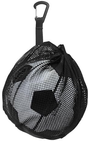 Single Ball Bag With Clip & Zipper Pocket - 10x12 Inch Mesh Drawstring Sport Equipment Storage Net Sling Backpack for Basketball, Volleyball, Football, Soccer, Rugby Coaches - Black