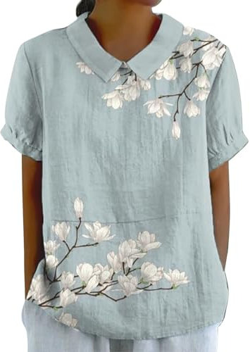 Tshirt Damen Locker Sale Leinenbluse Damen Art Floral Rundhals Lose Pullover Top Freizeithemd T-Shirt Tshirt Damen Rundhals 2024 Button-Down Kurzarm, Sommer Herbst Duftende Sale Angebote Bunt Shirt