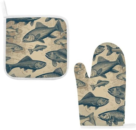 Ofenhandschuhe und Topflappen im Vintage-Stil, verschiedene Fische, hitzebeständige Mikrowellen-Handschuhe, Baumwollfutter mit rutschfesten heißen Pads für Küche, Kochen, Backen, Grillen