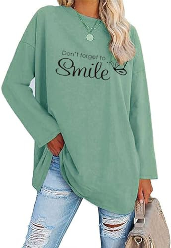 Teesho Damen Tshirt Langarm Oversized Oberteile Baumwolle Shirts Casual Lose Langarmshirt Tops Tunika (Hellgrün/M)