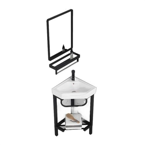 Lavabo d'angle de salle de bain avec support de rangement en acier inoxydable triangulaire en céramique – Lavabo console autonome avec robinet, drain et miroir (C47 cm)
