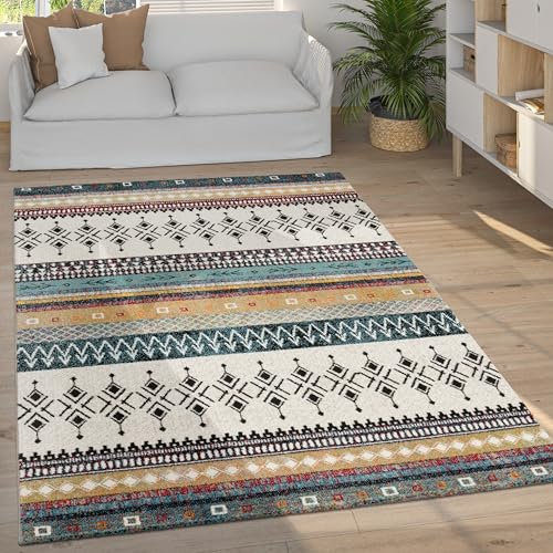 Paco Home Teppich Wohnzimmer Schlafzimmer Kurzflor Vintage Boho Ethno Skandi Geometrisches Muster Streifen Rauten Design, Grösse:160x230 cm, Farbe:Beige 2