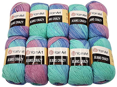500g Strickwolle Ilkadim Export Jeans Crazy mehrfarbig mit 55% Baumwolle, 10 x 50 Gramm Baumwoll-Strickgarn mit Farbverlauf (mint lila flieder 8203)