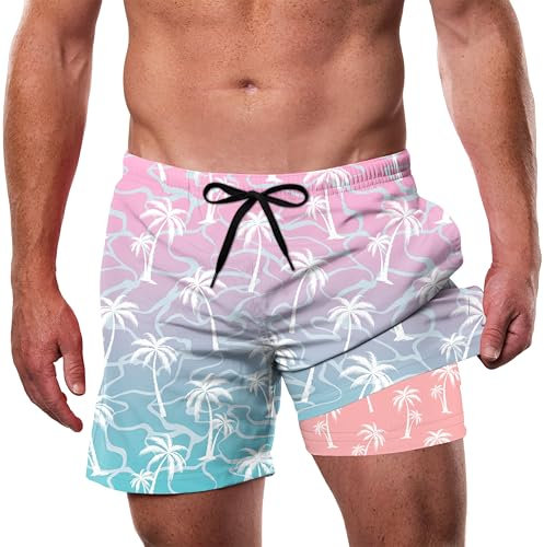 ZenGents Costume da bagno da uomo con fodera a compressione, cavallo 14 cm, ad asciugatura rapida, taglie S-XXL, Una Palma 02, Large