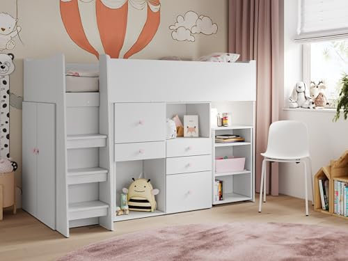 MKS MEBLE Hochbett Kinderbett 90x200 mit Schreibtisch Kleiderschrank Treppe Bücherregal Funktionsbett Etagenbett Stockbett Kinderhochbett Jugendhochbett - Castello Primo - Mädchen