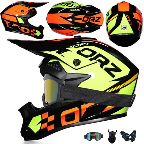 SMTSEC Motocross Helm Kinder Erwachsene Dirt Bike Offroad Cross Helms Herren ATV Motocross Helm Jugend Motorradhelm MX Enduro Full Face MTB Helm Mit Brille Maske Handschuhe Downhill Helm,Orange-L
