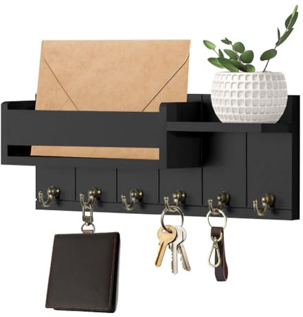 LUPATDY Bois Boite a Clef,Boîte à clés en bois avec 6 crochets à clés,Boîte à clés moderne,Porte-clés mural pour salon, cuisine, bureau, couloir, chambre à coucher, Noir