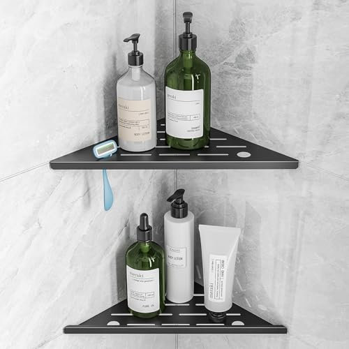 Lot de 2 étagères d'angle de douche encastrées en acier inoxydable avec support pour rasoir, sans perçage, étagère de salle de bain pour murs carrelés de 25,4 cm