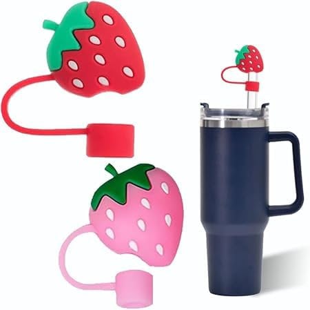 2 Pcs Strawberries Straw Cover for Stanley 40&30 Oz Cup, 10mm Silicone Straw Covers Cap for Stanley Cup Accessories, Cute Straw Topper for Tumblers, Straw Cap Stopper for Reusable Straws (Red,Pink)