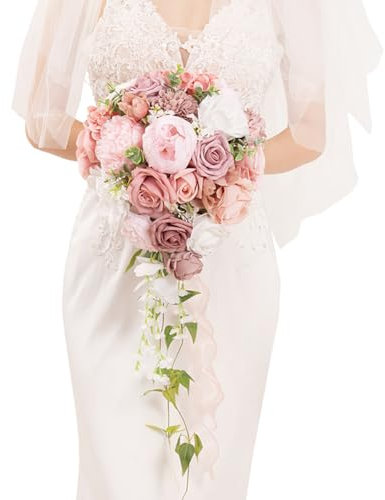 Floinla Brautstrauß, kaskadierend, staubige Rose, Hochzeitssträuße für Braut, Brautjungfer, 25,4 cm, künstlicher Blumenstrauß für Hochzeitsdekoration