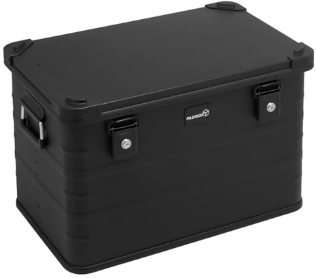 Alubox Alukiste abschließbar E78-BLACK - Premium Aluminium Lagerbox 78 Liter - Deckel mit Aluminium Druckguss Stapelecken und Gummidichtung - inklusive Schlösser - komplett schwarz