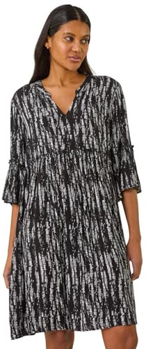 Roman Originals Smock Dress for Women UK Ladies Cotton Summer Embroidered Frilled Tiered Casual Beach Cruise Holiday Cocktail Party 3/4 Sleeve Pull On Gathered Skirt - Abstract Noir - Size 12