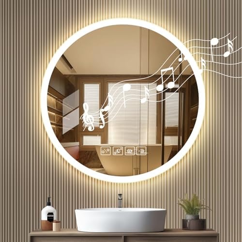 Espejo de Baño con Bluetooth y Luces LED, Redondo de 60 x 60 cm, Antivaho, Regulable en 3 Colores, Interruptor Táctil, Función de Memoria, Vidrio Templado HD, Espejo Iinteligente para Baño
