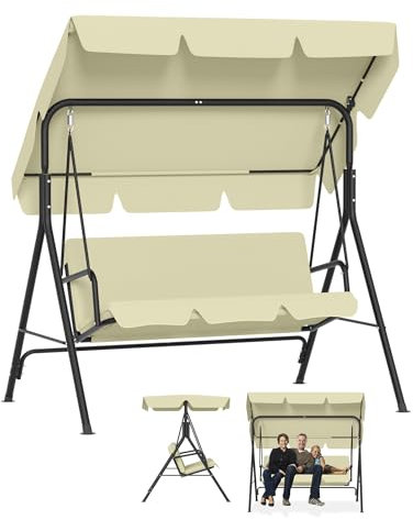 YRHome Balancelle de jardin 3 places beige avec toit pare-soleil réglable, jusqu'à 200 kg, résistante aux intempéries, avec coussin confortable et pieds antidérapants, pour jardin, balcon, 175,5 x 110
