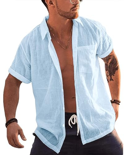 Rodawu Mens Short Sleeve Cotton Linen Shirt Cuban Beach Summer Hawaiian Shirts Light Blue Shirt