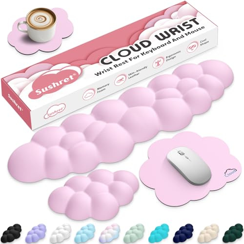 Sushret Cloud Wrist Rest for Computer Keyboard, 4-in-1 Memory Foam Leather Cloud Keyboard Wrist Rest and Mouse Pad Set with Ergonomic Support for Arm and Palm Cushion, Gaming/Work Setup, Pink