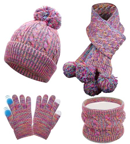 Wusboo Kinder Wintermütze Schal Handschuhe Set 4-teiliges | Kinder Winter Bommel Strickmütze mit gefüttertem Halswärmer, elastische bequeme Mütze Mädchen Winter für 3–8 Jahre