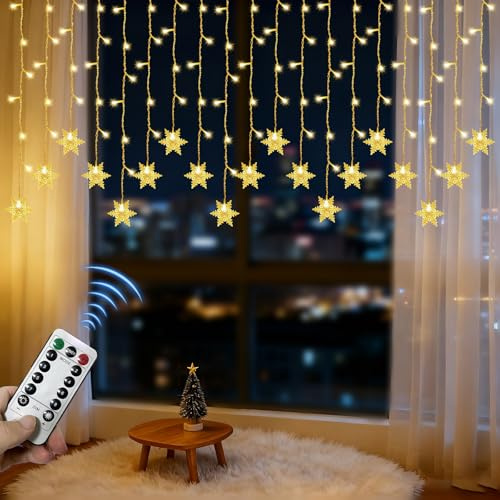 Aniepaa Lichterkette Schneeflocken, 4M Weihnachtsbeleuchtung Fenster, Weihnachtsdeko Fenster Beleuchtet Mit 8 Modi, 115 LED Lichterketten Vorhang IP44 Außen/Innen für Balkon Terrasse Hochzeit Party