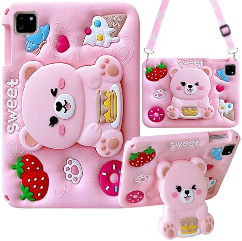 Enfants Étui pour iPad Pro 11 Pouces M4 2024, iPad Pro 11 Pouces 2022/2021/2020/2018 Coque Souple en Silicone Résistant Aux Chocs avec Porte Pencil Joli Support Pliable, Bandoulière
