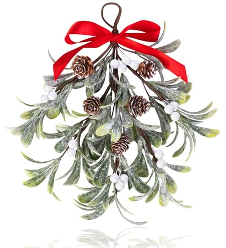 Mntrprko Artificial Christmas Mistletoe Decor 12 Inches Mistletoe Giant Kissing Hanging Bouquet for Xmas Floral Garland Decorations (1, White)