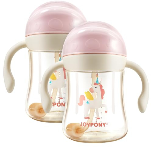 Joypony PPSU Sippy Cup 2 Pack, 266ml Spill Proof Toddler Cups, Pink | Weighted baby water bottle with V-valve, BPA free, easy-grip handles, includes 2 silicone straws and brush