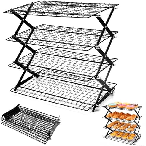 YTACREA 4 Stöckiges Kuchengitter Abkühlgitter Stapelbar, 3 Höhenverstellstufen, 43 x 24,5 cm Antihaft Faltbarer Auskühlgitter Eckig zum Backen, Kühlen von Gebäck, Gadgets zum Keksbacken, Schwarz