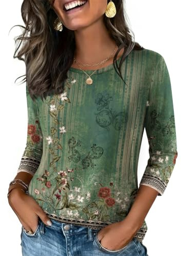 Zeagoo Camiseta Mujer Elegante Cuello Redondo Manga 3/4 Blusas Verde L